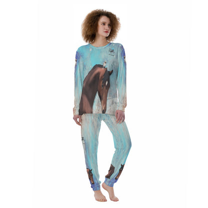 Pajamas-Women's-All-Over Print-190GSM Cotton-Bay Horses-Blue-Aqua-Brown