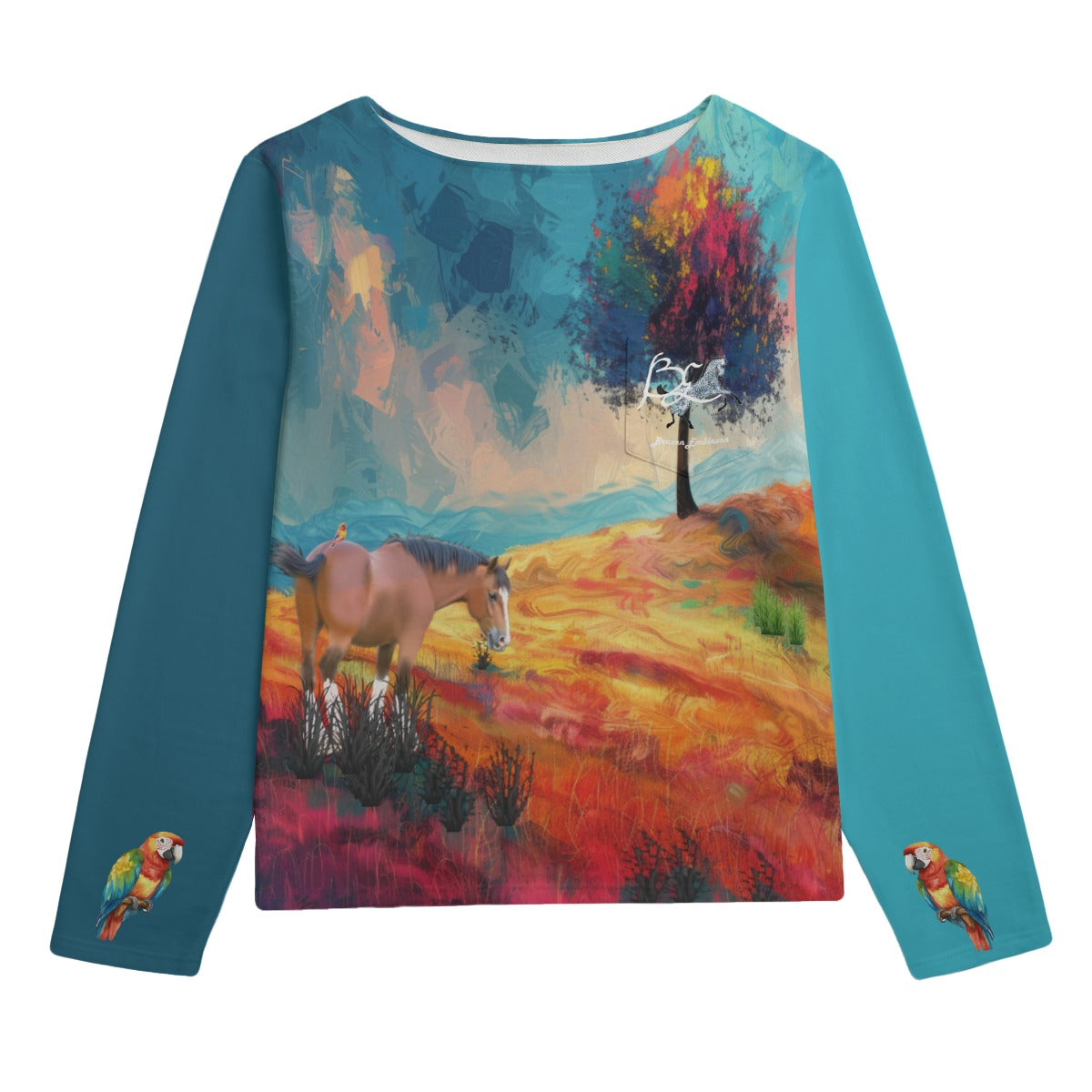 Sweatshirt-Unisex-Boat Neckline-All-Over Print-Chest Pocket-All Cotton 3100GSM-Belgian Bay Draft-Turquoise Orange Red-Field Meadow Tree