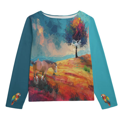 Sweatshirt-Unisex-Boat Neckline-All-Over Print-Chest Pocket-All Cotton 3100GSM-Belgian Bay Draft-Turquoise Orange Red-Field Meadow Tree