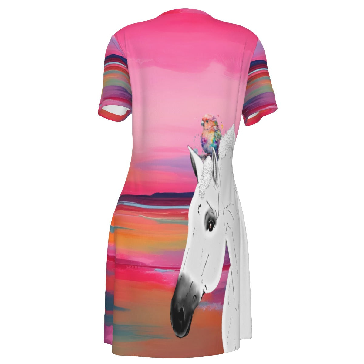 Night Shirt -Women's V Neck -Short Sleeve-All-Over Print-180GMS Cotton-Horse-Bird-Sunset