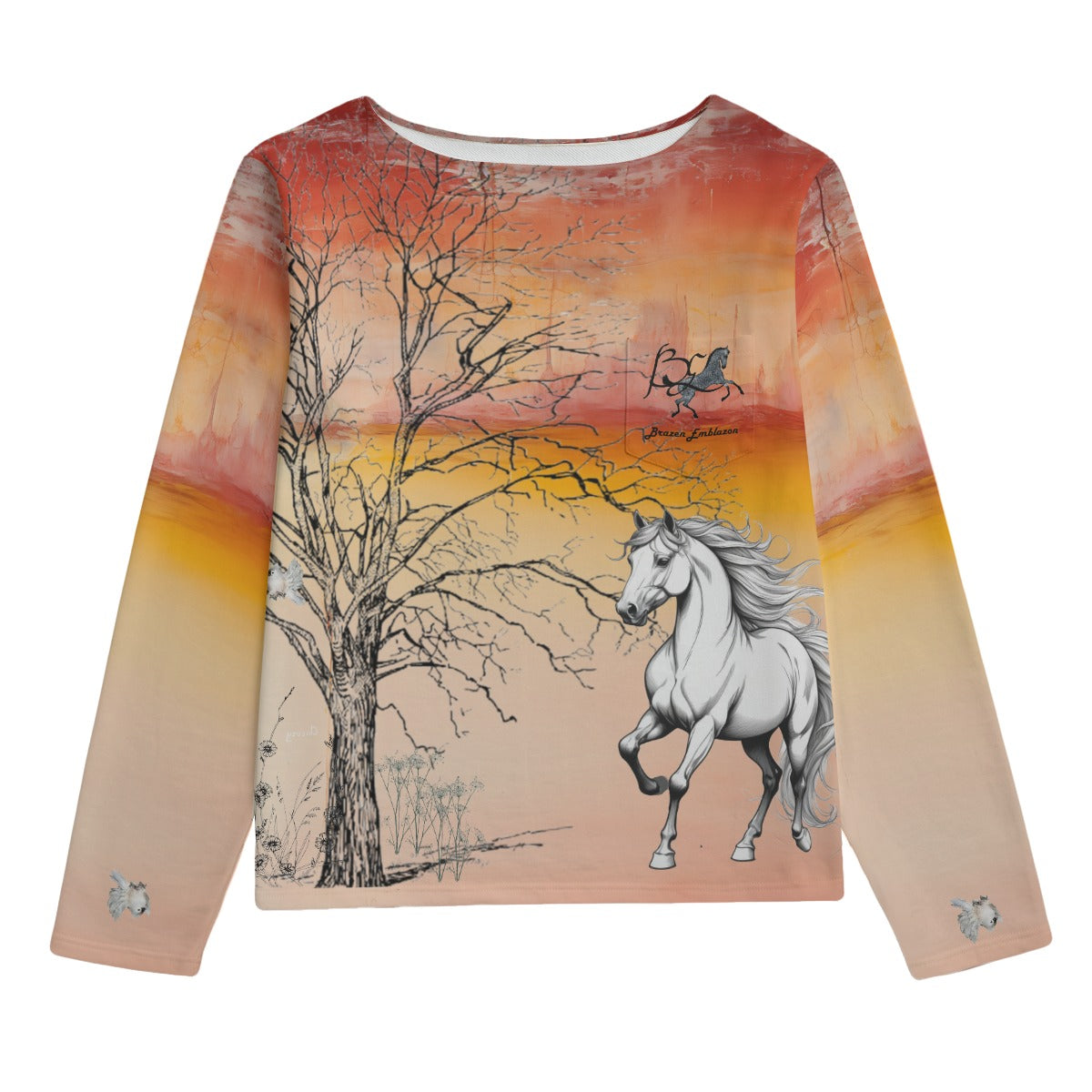 Sweatshirt-Unisex-Boat Neckline-All-Over Print-Chest Pocket-All Cotton 3100GSM-Horse-White Orange