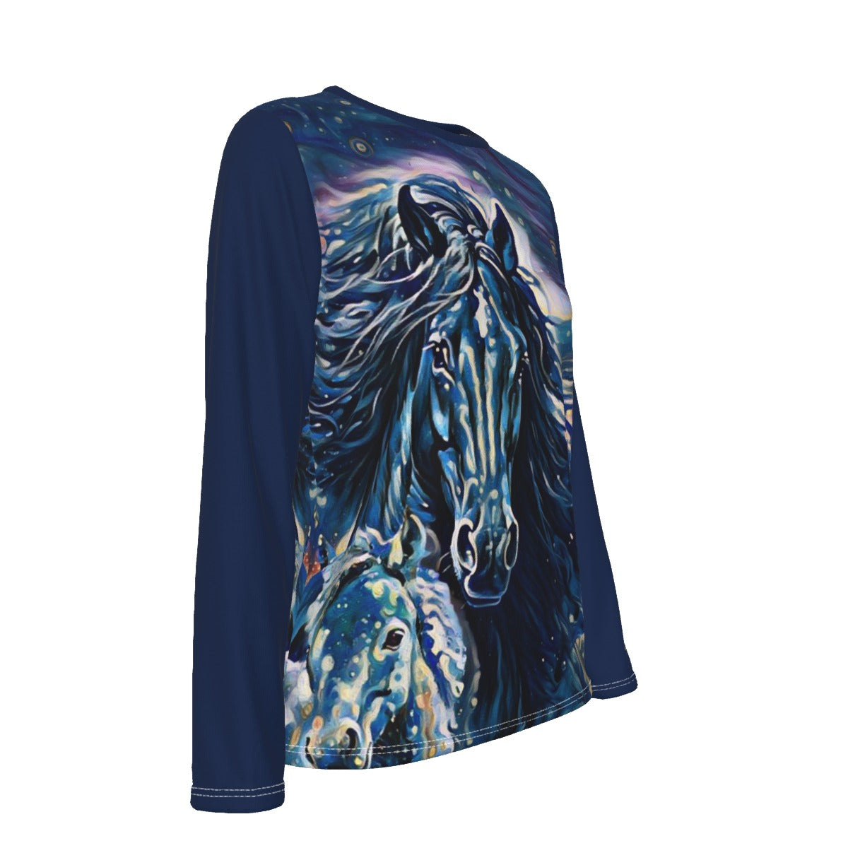 T-Shirt-Women's-Crew Neck-Long Sleeve-All-Over Print-190GSM Cotton-Horse-Blue Midnight