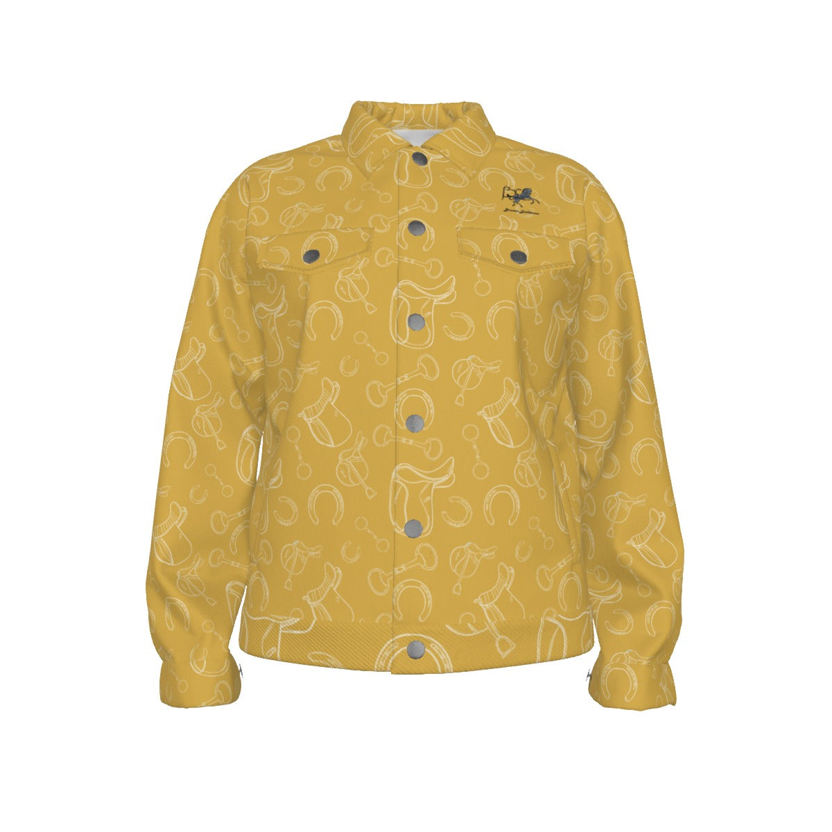 Jacket -Lapel-Collar-Pockets-Denim Coat Style-All-Over Print-Unisex-245GSM Cotton-Equestrian=Horses-English Tack-Gold-Yellow