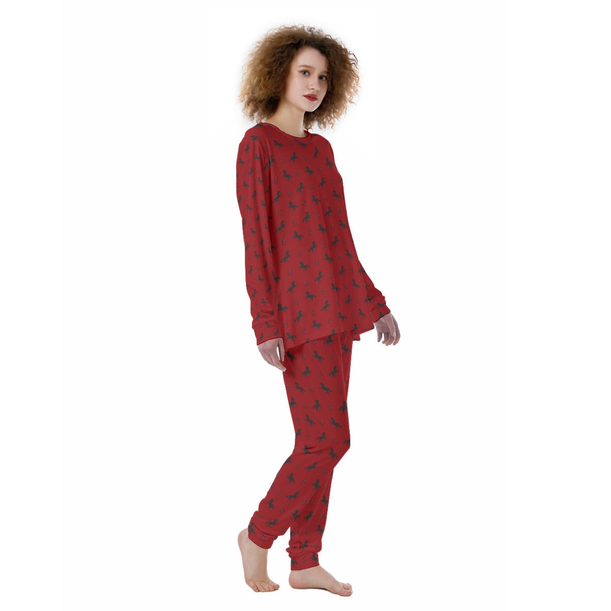 Pajamas-Women's-All-Over Print-190GSM Cotton-Horses-Red-Black