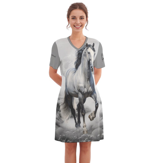 Night Shirt -Women's V Neck -Short Sleeve-All-Over Print-180GMS Cotton-Gray Horse-Clouds