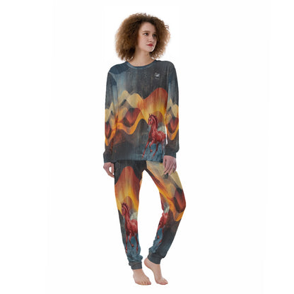 Pajamas-Women's-All-Over Print-190GSM Cotton-Chestnut-Horses-Blue-Orange-Brown