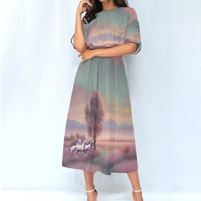 Dress-Midi-Shirt Sleeve-Elastic Waist-All-Over Print-Horses-Pink-Green-Pastels