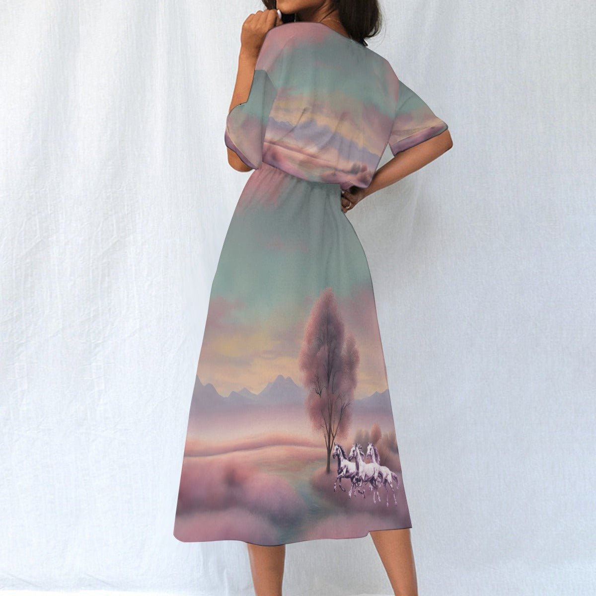 Dress-Midi-Shirt Sleeve-Elastic Waist-All-Over Print-Horses-Pink-Green-Pastels