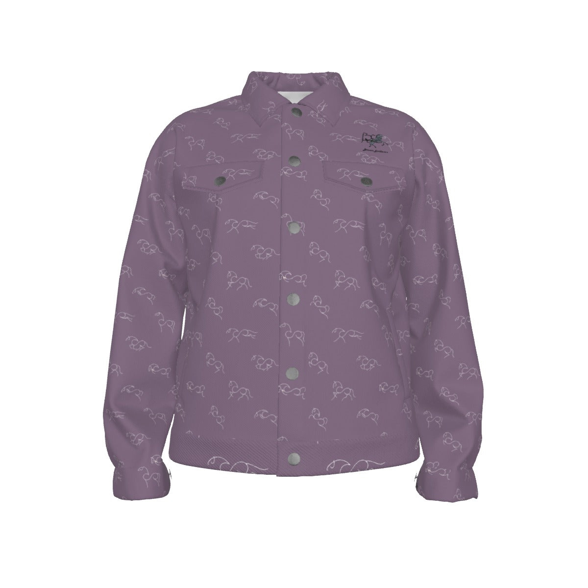 Jacket -Lapel-Collar-Pockets-Denim Coat Style-All-Over Print-Unisex-245GSM Cotton-Horse Abstract Line-Plum Purple