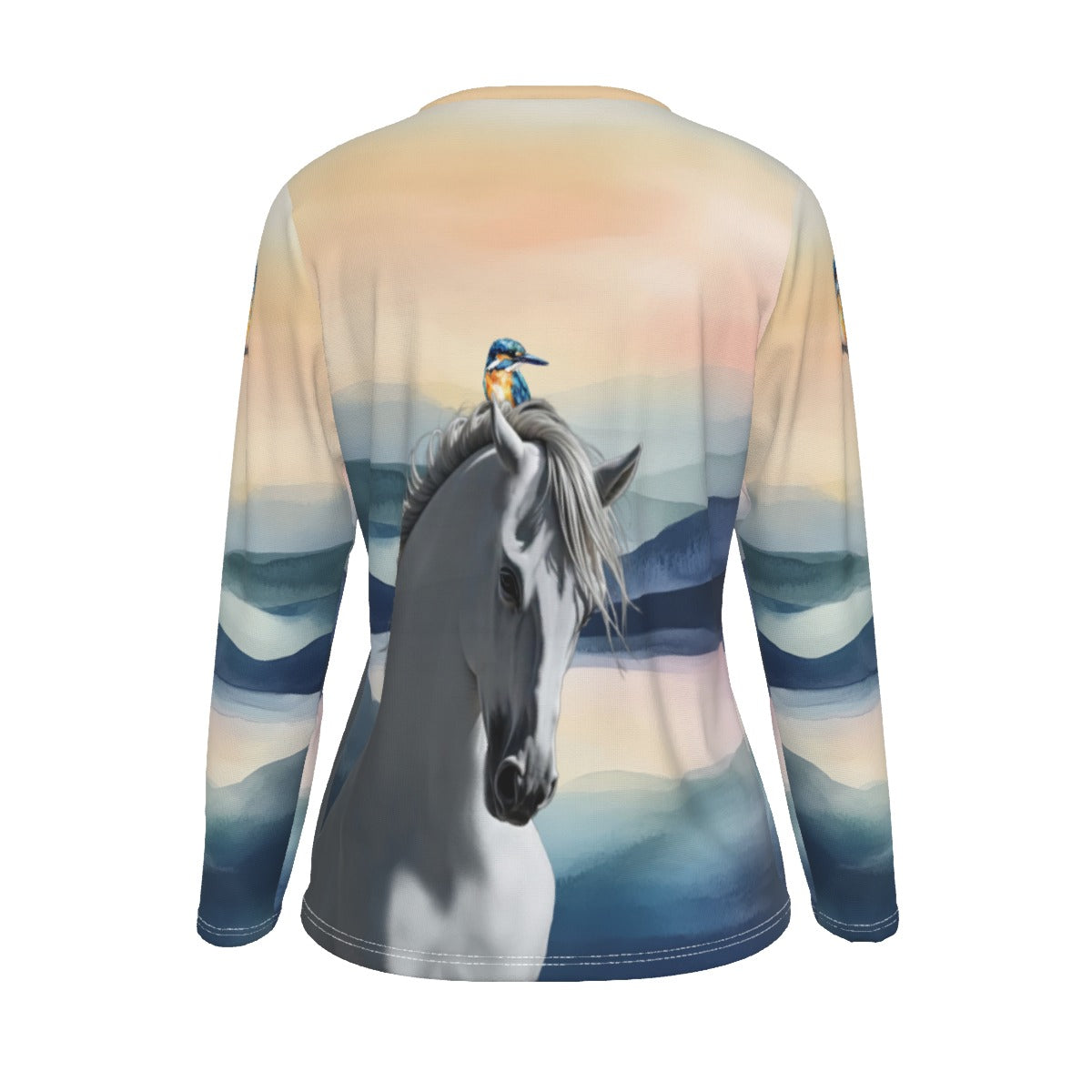 T-Shirt-Women's-Crew Neck-Long Sleeve-All-Over Print-190GSM Cotton-Gray White Horse-Andalusian-Blue Gray Black Gray