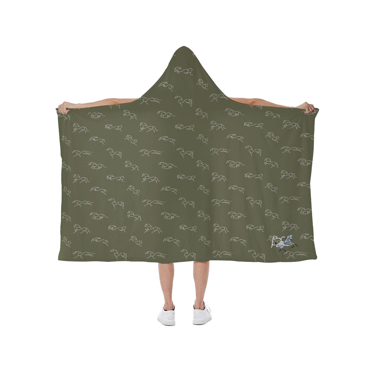 Blanket Hooded-Soft Fleece Lining-Horses-Green-White