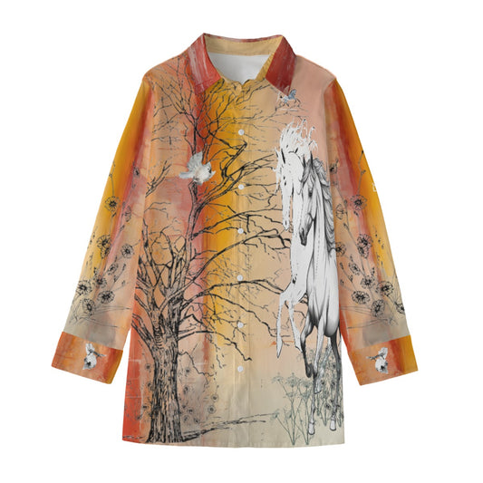 Shirt-Women's-Button Up-Long Sleeve-Cotton poplin-Graphic Horse-Tree-Orange