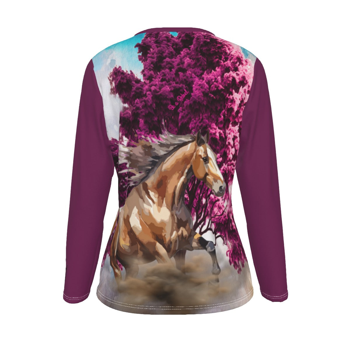 T-Shirt-Women's-Crew Neck-Long Sleeve-All-Over Print-190GSM Cotton-Bay Horse-Burgundy