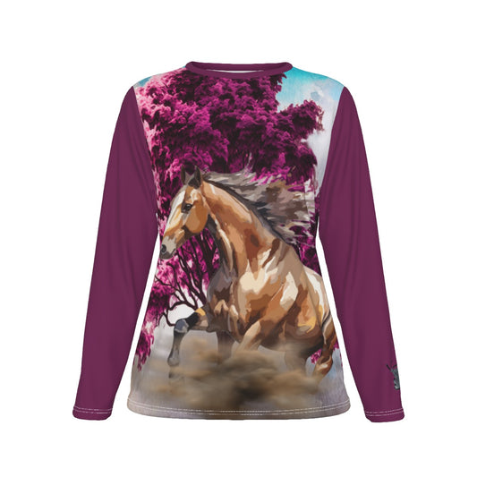 T-Shirt-Women's-Crew Neck-Long Sleeve-All-Over Print-190GSM Cotton-Bay Horse-Burgundy