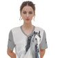 Night Shirt -Women's V Neck -Short Sleeve-All-Over Print-180GMS Cotton-Gray Horse-Clouds