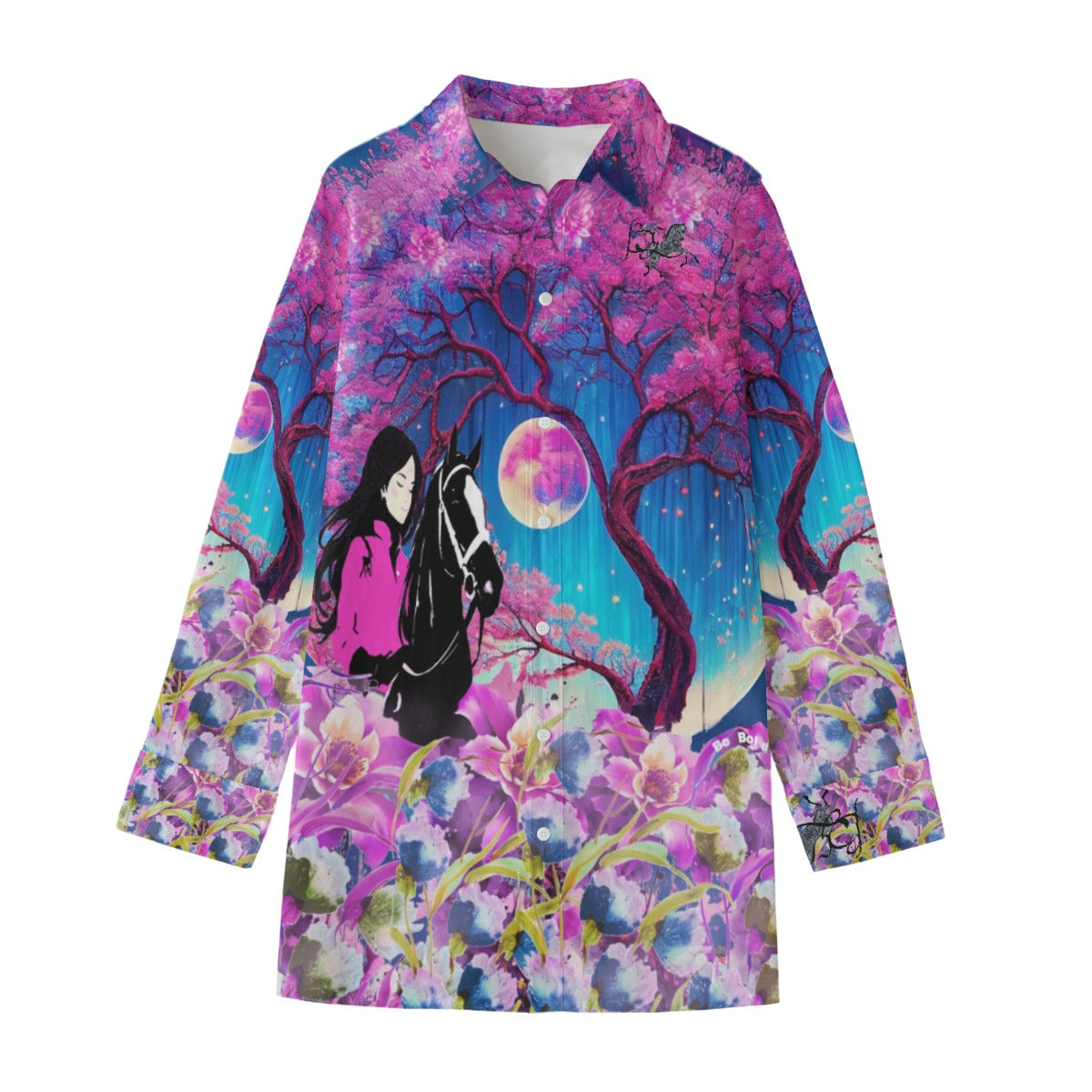 Shirt-Women's-Button Up-Long Sleeve-Cotton poplin-Graphic Girl & Horse-Garden-Pink-Blue