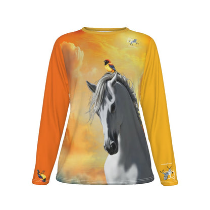 T-Shirt-Women's-Crew Neck-Long Sleeve-All-Over Print-190GSM Cotton-Gray White Horse-Andalusian-Orange Yellow