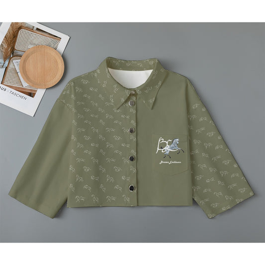 Cardigan-Women's-Jacket-All Over Print-All Cotton-3/4 Sleeve-Button-Up-245GSM Cotton-Horses-English Tack-Soft Green