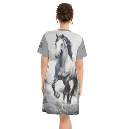 Night Shirt -Women's V Neck -Short Sleeve-All-Over Print-180GMS Cotton-Gray Horse-Clouds