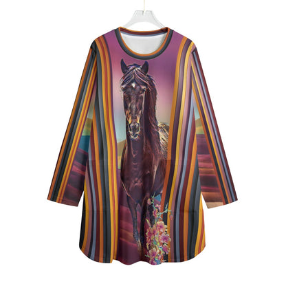 Top-Tunic-Dress-Women's Long Sleeve-All Cotton-All-Over Print-Bay Horse-Brown-Magenta Blue