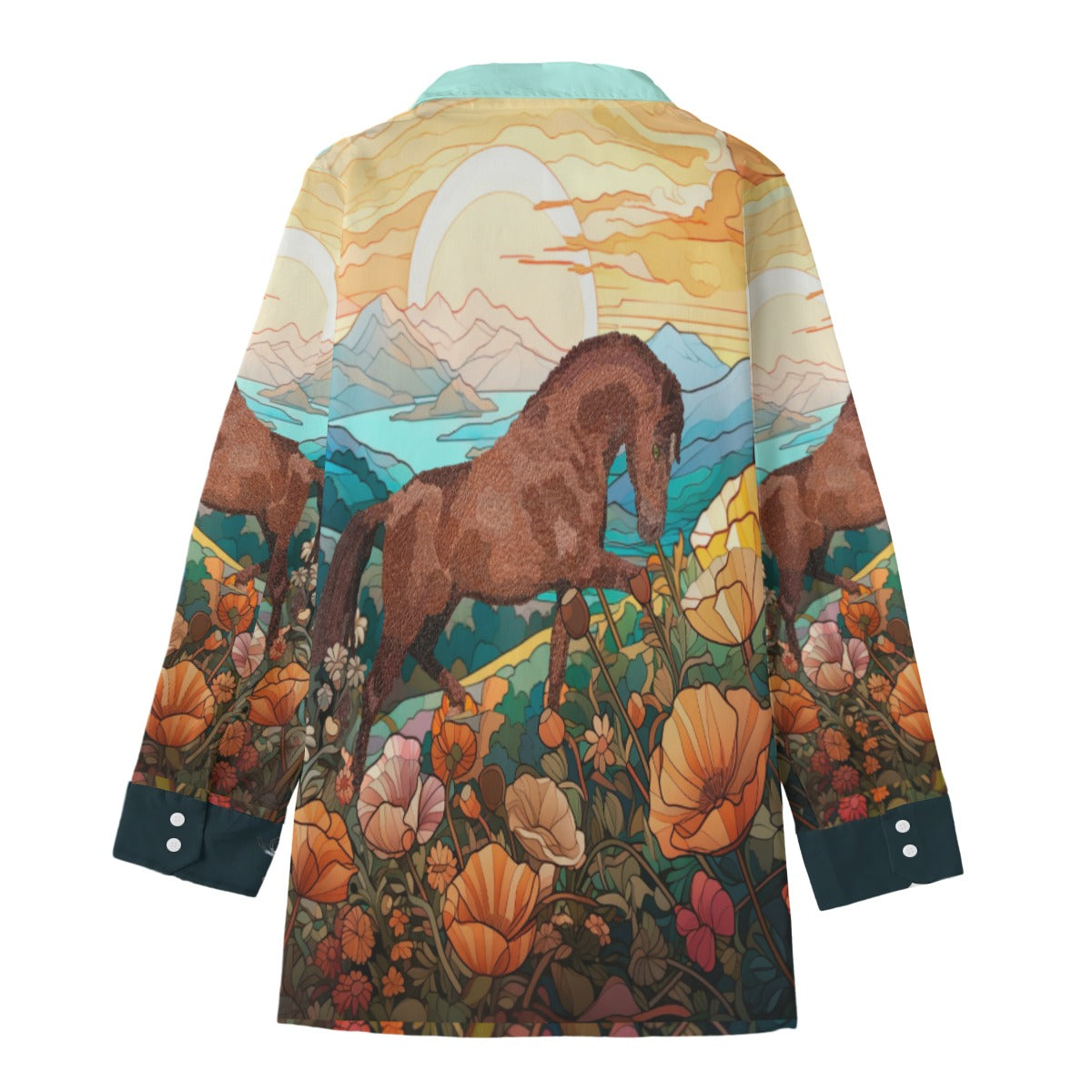 Shirt-Women's-Button Up-Long Sleeve-Cotton poplin-Chestnut Horse Andalusian-Garden-Flowers-Mountains-Aqua-Orange-Green