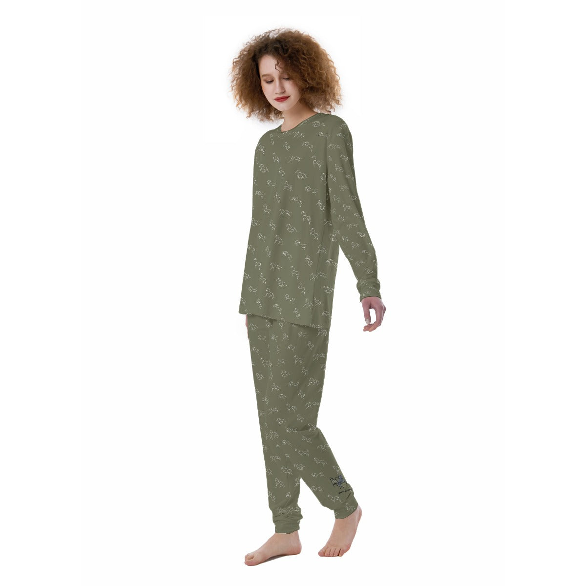 Pajamas-Women's-All-Over Print-190GSM Cotton-Horses-Soft Green-White