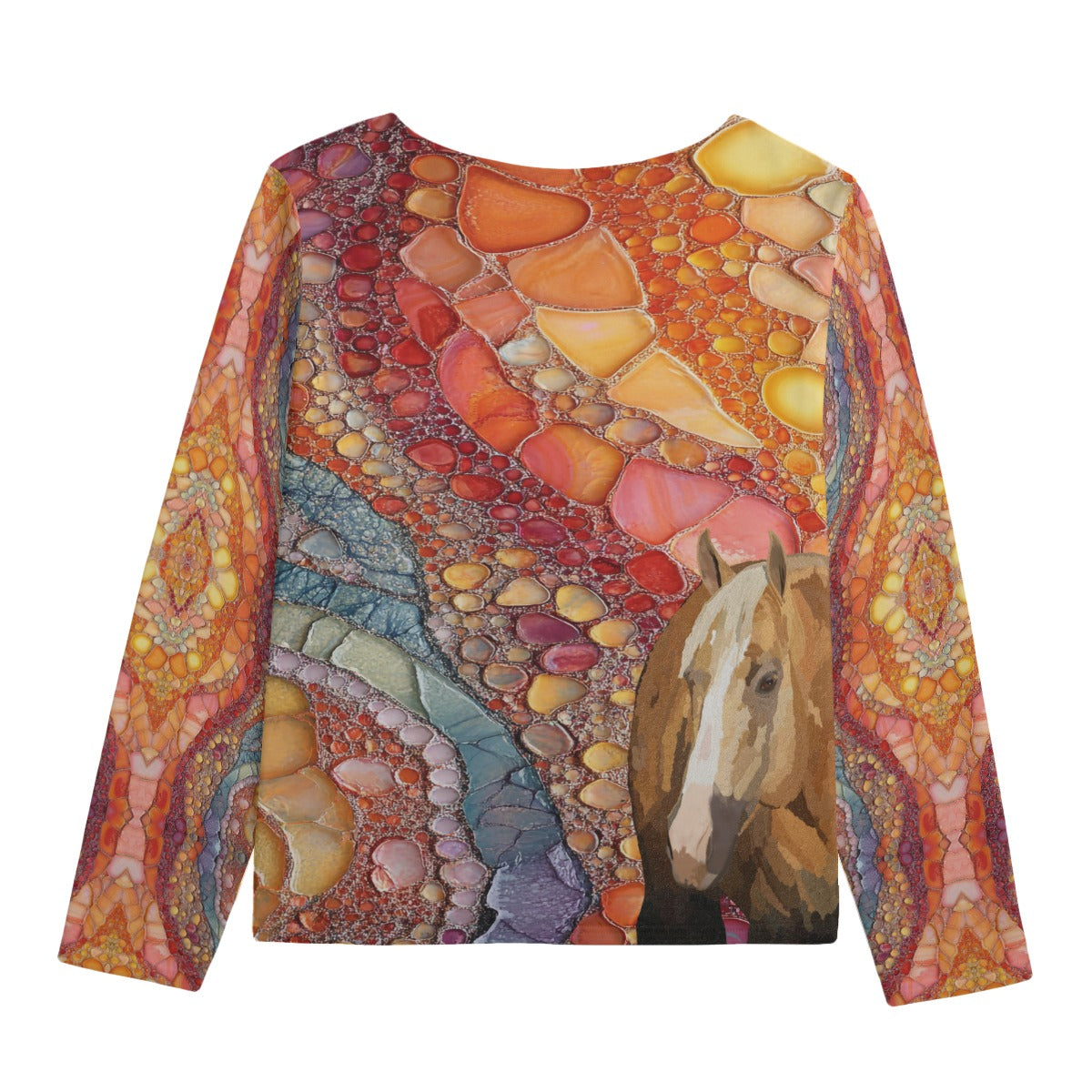 Sweatshirt-Unisex-Boat Neckline-All-Over Print-Chest Pocket-All Cotton 3100GSM-Palomino Horse-Colorful Stone Pattern-Orange Pink