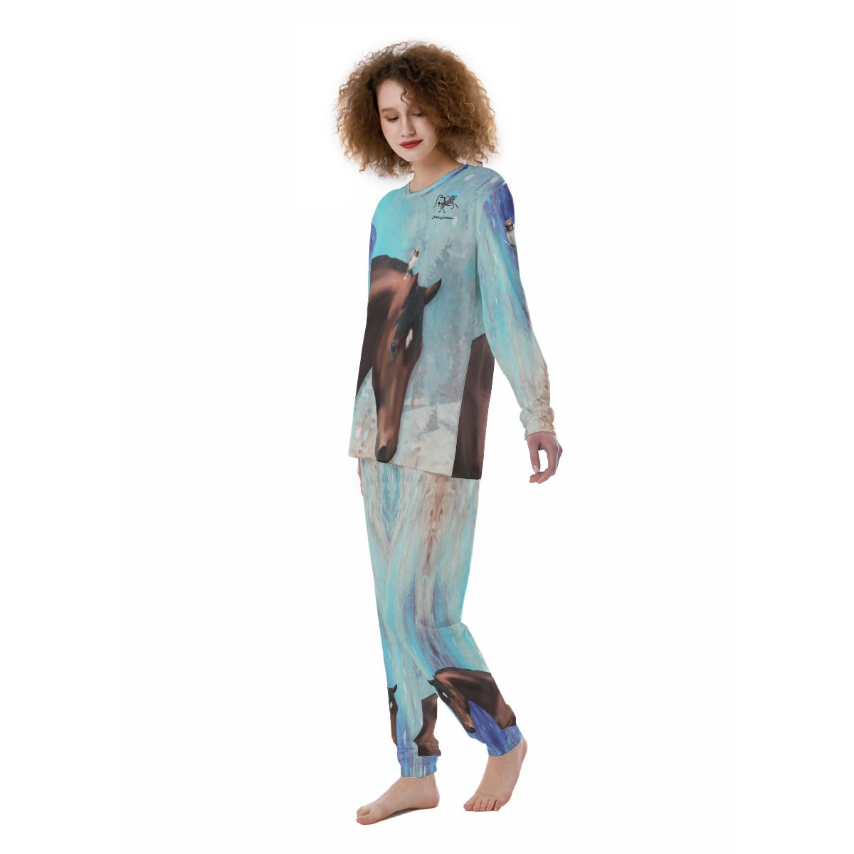 Pajamas-Women's-All-Over Print-190GSM Cotton-Bay Horses-Blue-Aqua-Brown