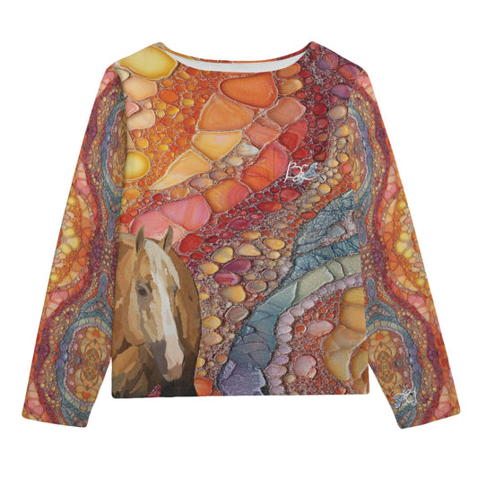 Sweatshirt-Unisex-Boat Neckline-All-Over Print-Chest Pocket-All Cotton 3100GSM-Palomino Horse-Colorful Stone Pattern-Orange Pink