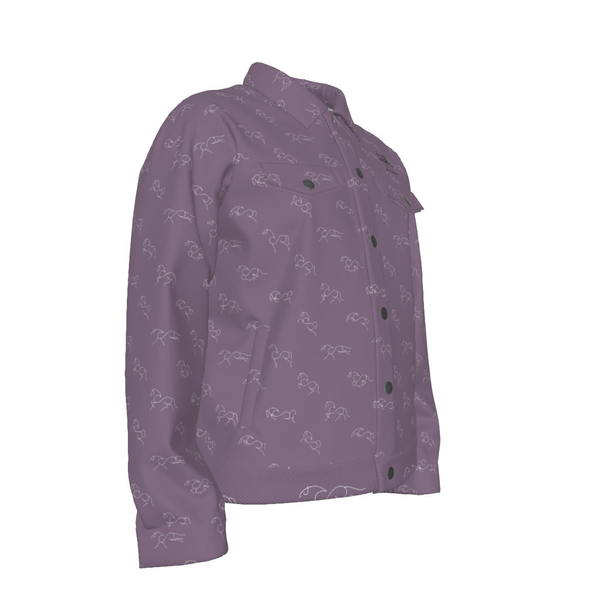 Jacket -Lapel-Collar-Pockets-Denim Coat Style-All-Over Print-Unisex-245GSM Cotton-Horse Abstract Line-Plum Purple