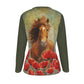 T-Shirt-Women's-Crew Neck-Long Sleeve-All-Over Print-All Cotton-Chestnut Horse-Tulips