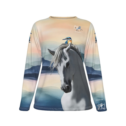 T-Shirt-Women's-Crew Neck-Long Sleeve-All-Over Print-190GSM Cotton-Gray White Horse-Andalusian-Blue Gray Black Gray