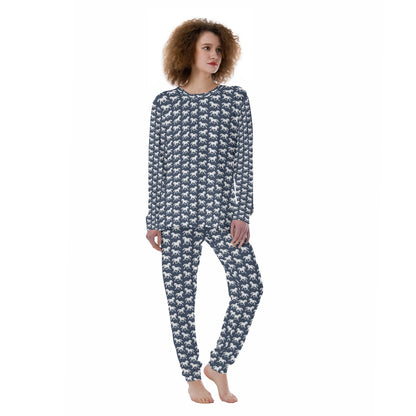 Pajamas-Women's-All-Over Print-190GSM Cotton-Horses-Navy White