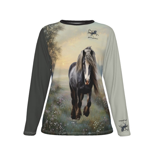 T-Shirt-Women's-Crew Neck-Long Sleeve-All-Over Print-190GSM Cotton-Draft Horse-Spring Field-Gray Green Yellow