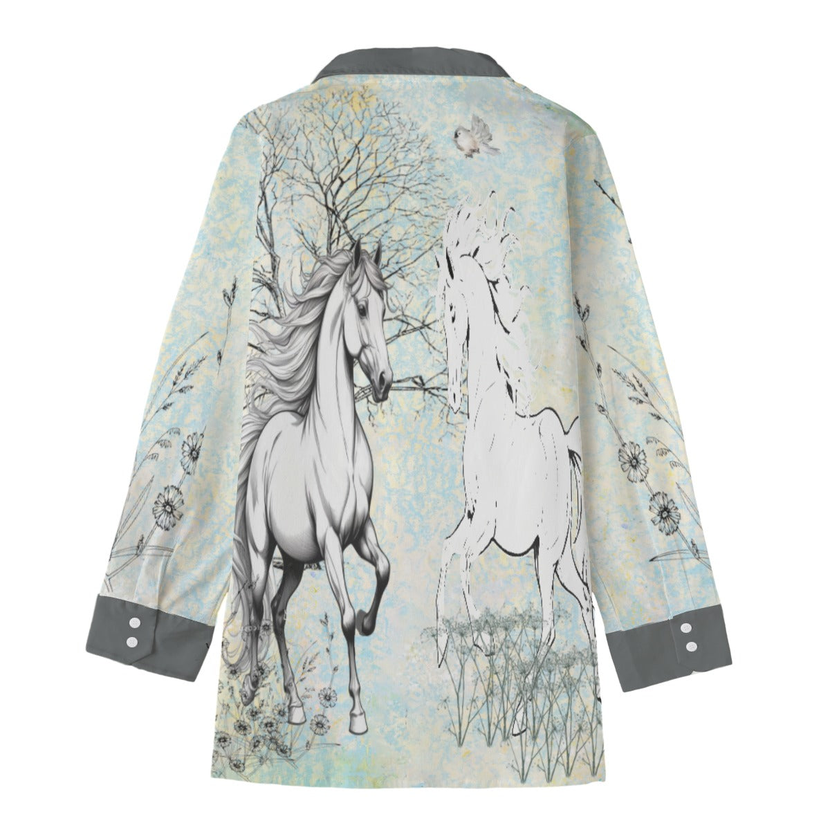 Shirt-Women's-Button Up-Long Sleeve-Cotton poplin-Graphic Horse-Tree-Green