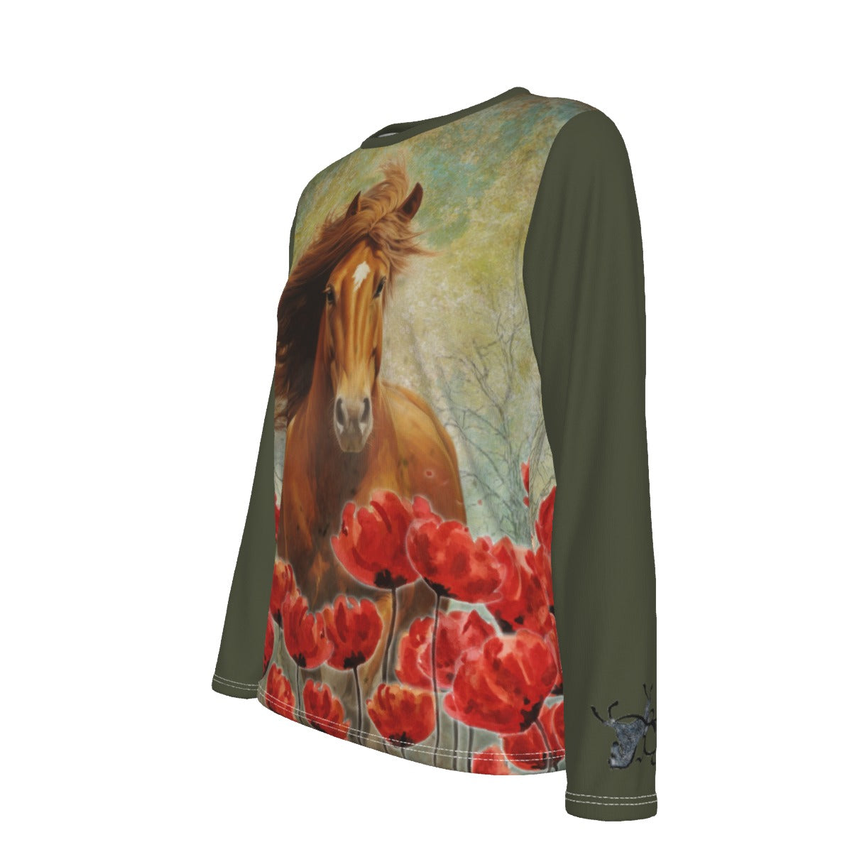 T-Shirt-Women's-Crew Neck-Long Sleeve-All-Over Print-All Cotton-Chestnut Horse-Tulips