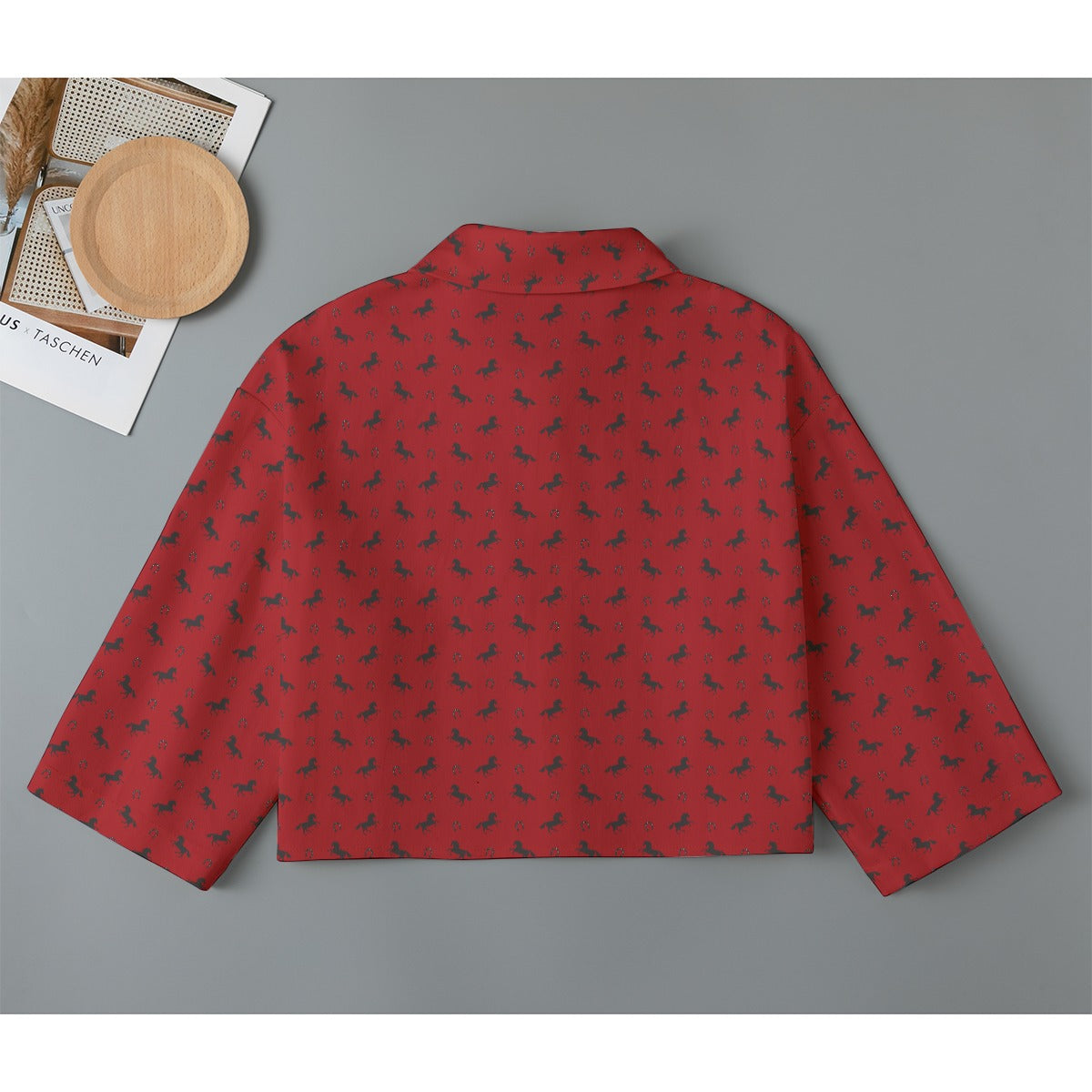 Cardigan-Women's-Jacket-All Over Print-All Cotton-3/4 Sleeve-Button-Up-245GSM Cotton-Horses-Red-Black