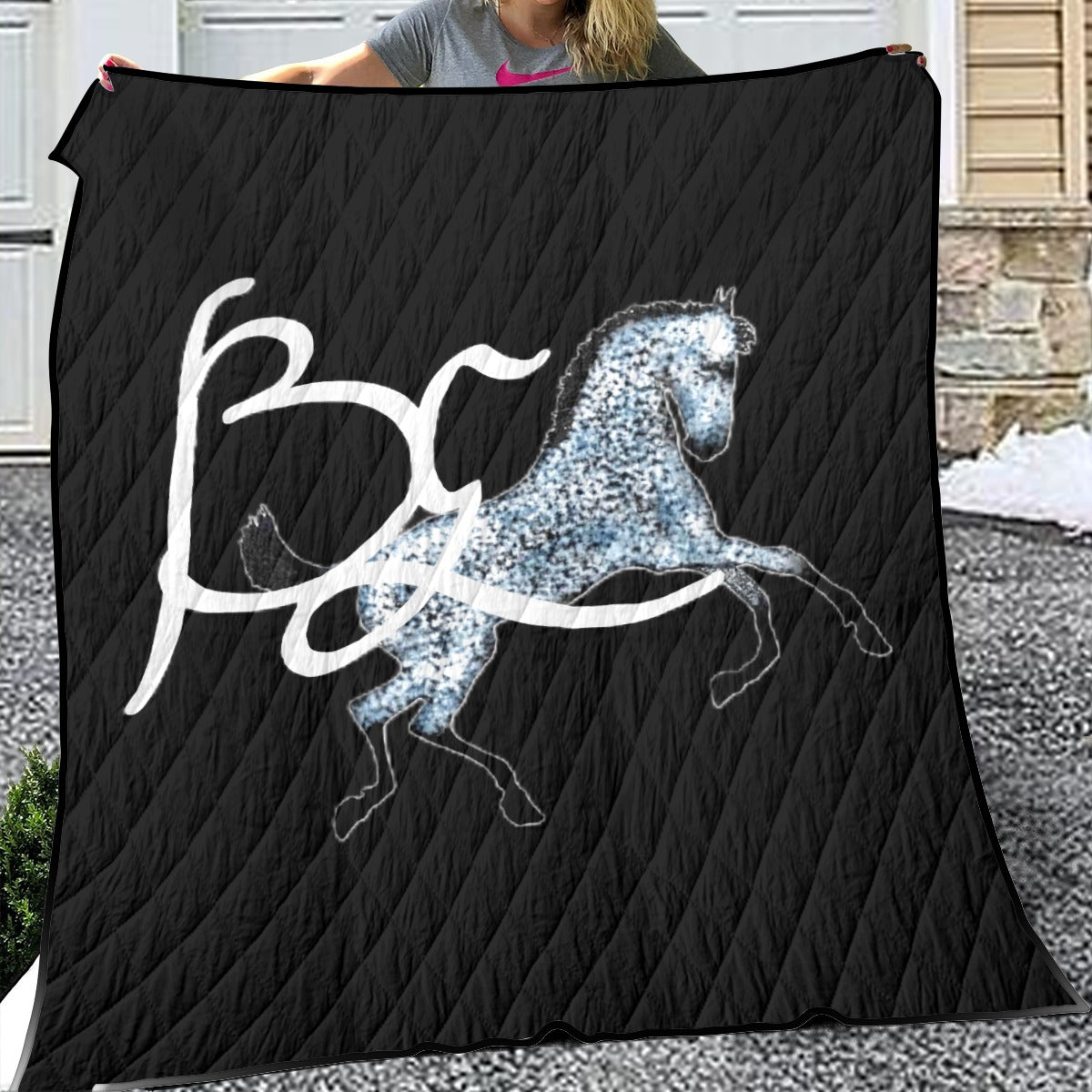 Quilt-Throw-Blanket-Comforter-Horse-Black-White-Gray_BE Logo-11 Sizes Available