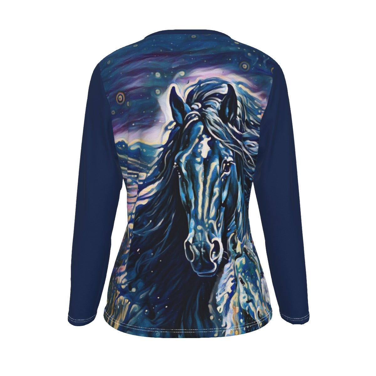 T-Shirt-Women's-Crew Neck-Long Sleeve-All-Over Print-190GSM Cotton-Horse-Blue Midnight