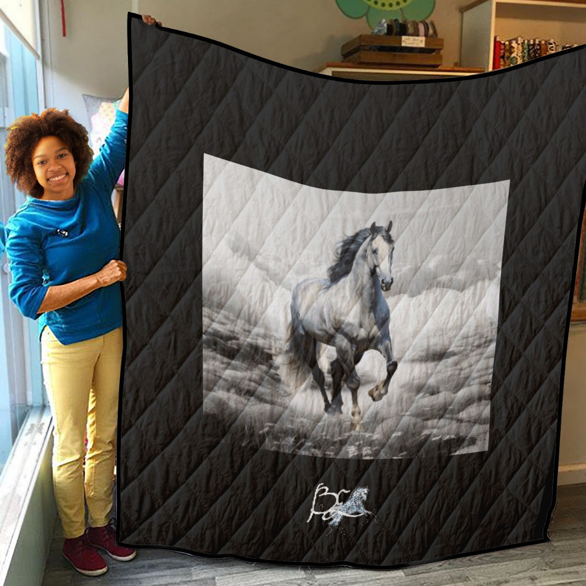 Quilt-Throw-Blanket-Comforter-Gray Horse-Gray-Black-White-11 Sizes Available