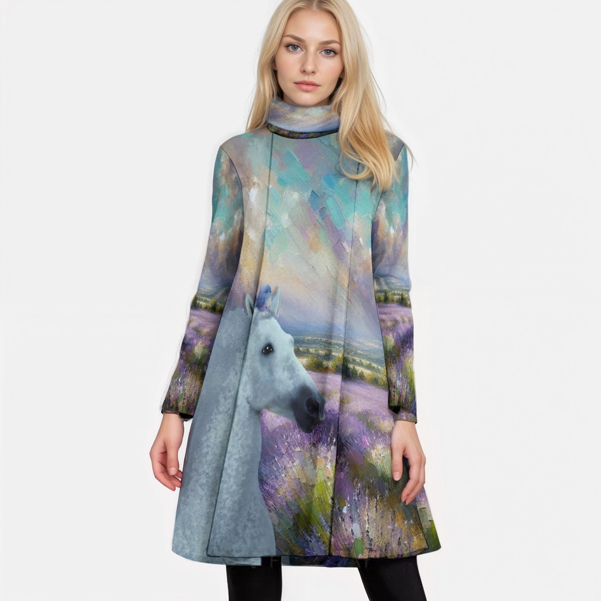 Top-Tunic-Dress-Turtle Neck-Long Sleeves-All Over Print-White Horses-Bird Purple-Blue-Grey-Flowers