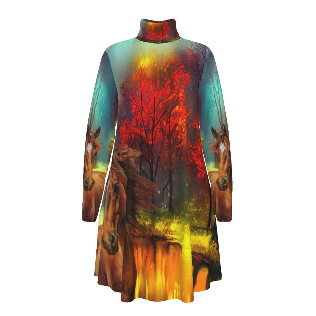 Top-Tunic-Dress-Turtle Neck-Long Sleeves-All Over Print-Chestnut Horses-Forest-Dusk-Red-Brown