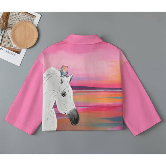 Cardigan-Women's-Jacket-All Over Print-All Cotton-3/4 Sleeve-Button-Up-245GSM Cotton-Horses-Gray-Seashore-Pink White-Bird