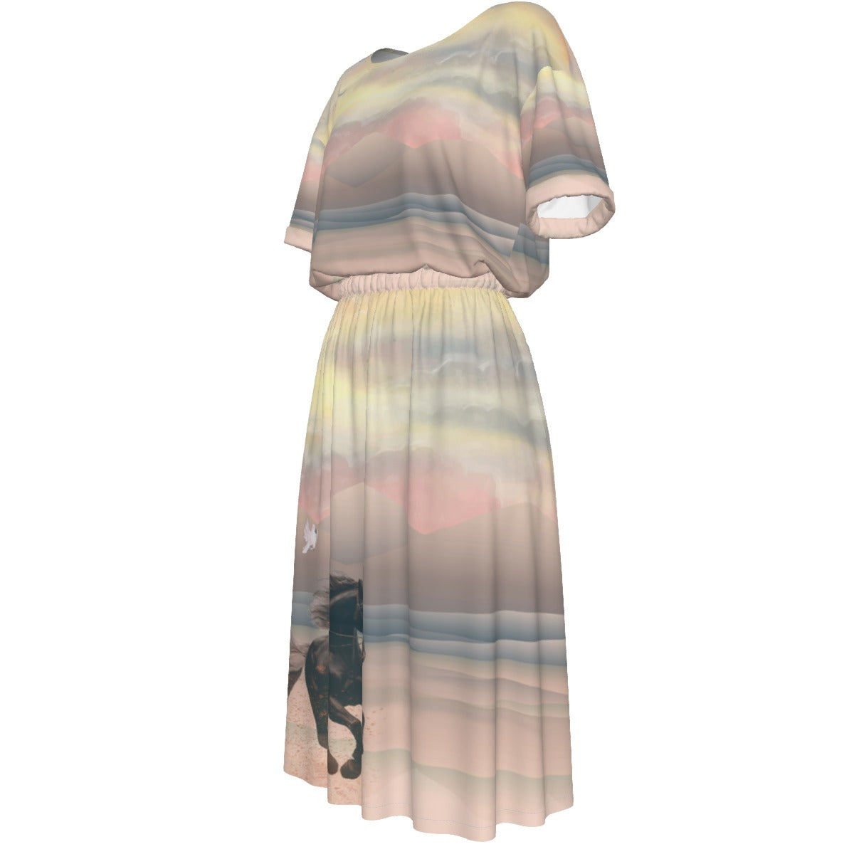 Dress-Midi-Shirt Sleeve-Elastic Waist-All-Over Print-Horses-Dark Palomino-Dusty Morning-Pink Pastels