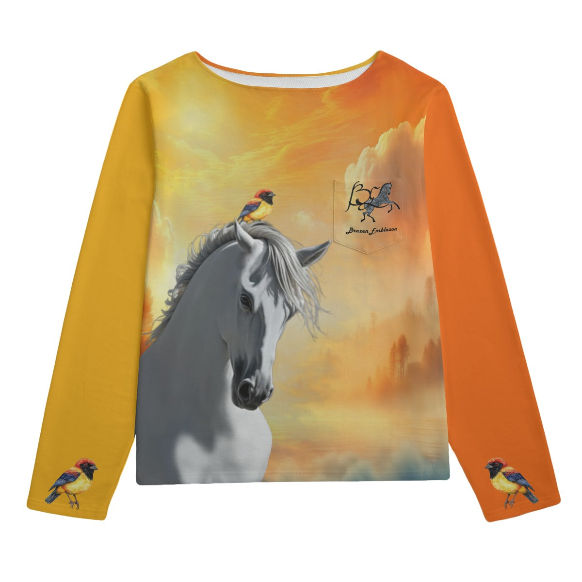 Sweatshirt-Unisex-Boat Neckline-All-Over Print-Chest Pocket-All Cotton 3100GSM-White Horse-Andalusian-Orange Yellow Gray