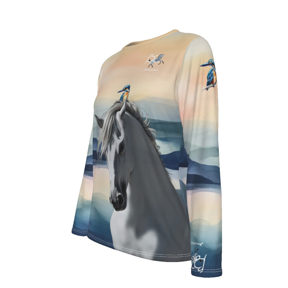 T-Shirt-Women's-Crew Neck-Long Sleeve-All-Over Print-190GSM Cotton-Gray White Horse-Andalusian-Blue Gray Black Gray