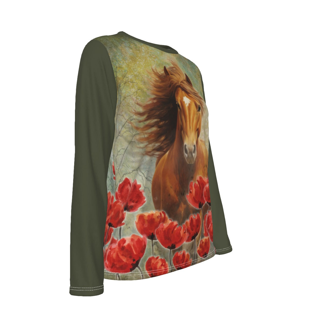 T-Shirt-Women's-Crew Neck-Long Sleeve-All-Over Print-All Cotton-Chestnut Horse-Tulips