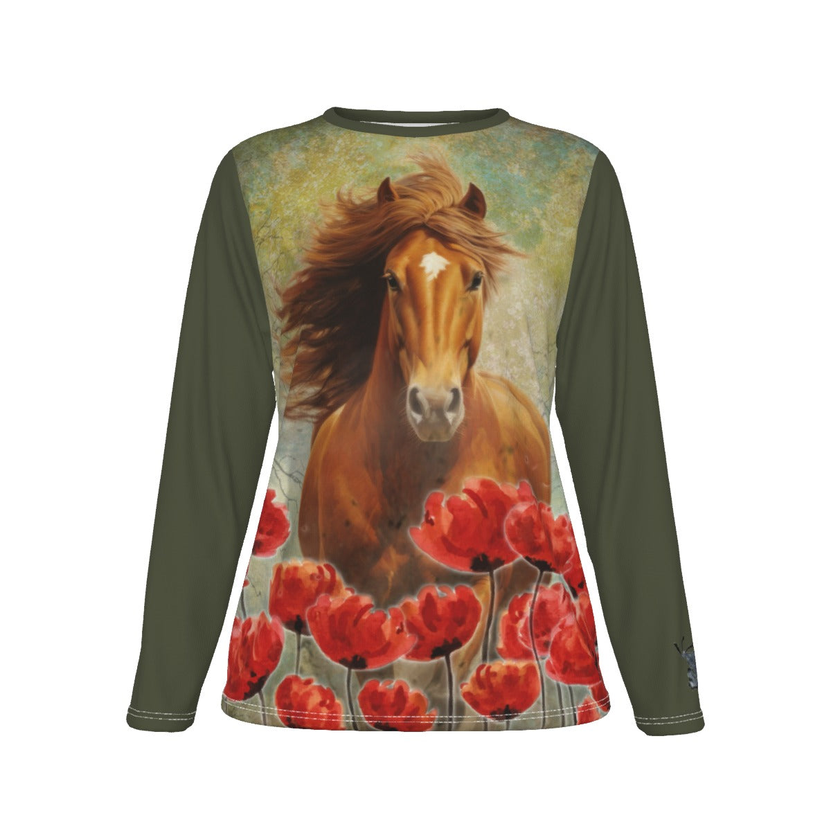 T-Shirt-Women's-Crew Neck-Long Sleeve-All-Over Print-All Cotton-Chestnut Horse-Tulips