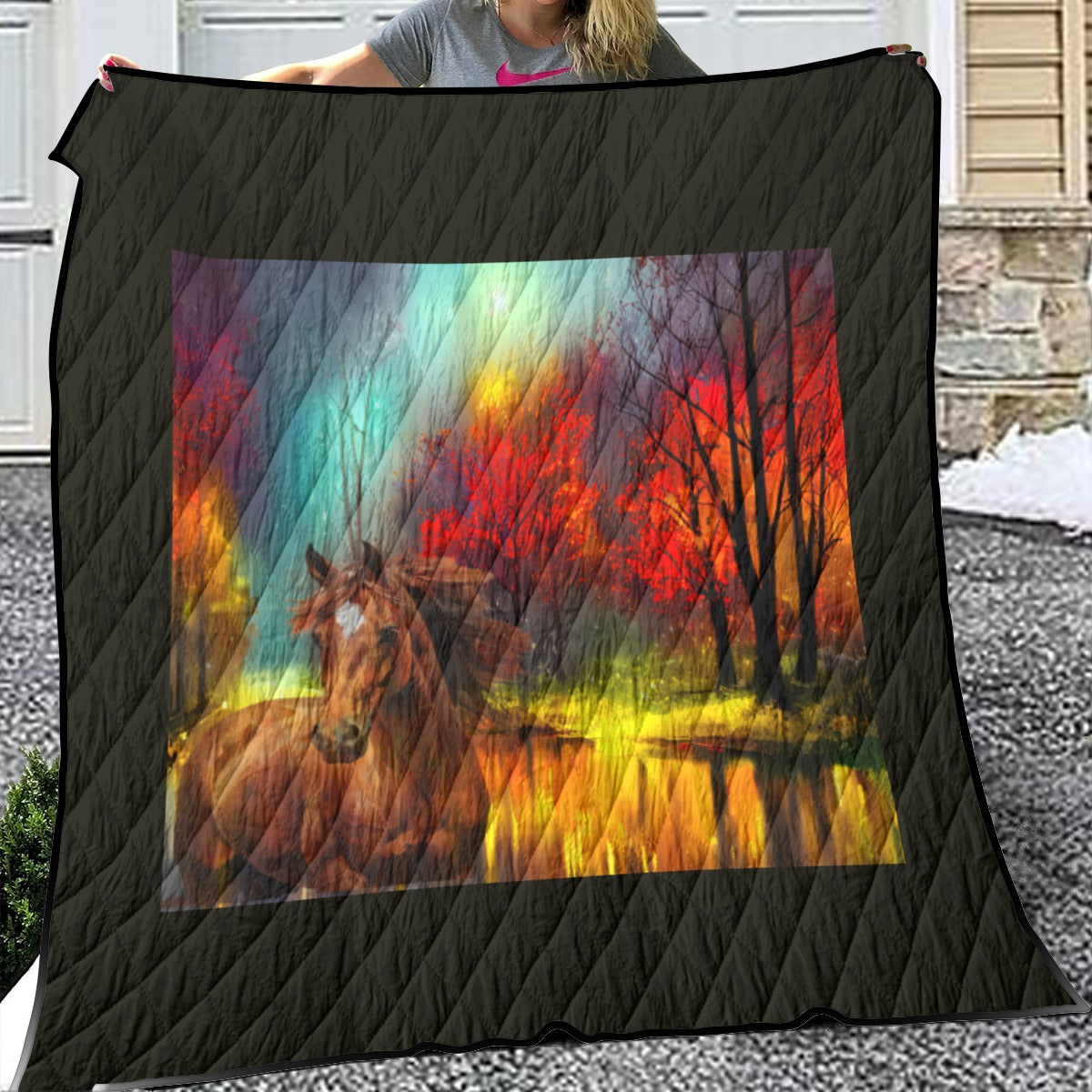 Quilt-Throw-Blanket-Comforter-Chestnut Horses-Forest-Woods-Red-Blue-Brown-11 Sizes Available