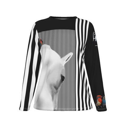 T-Shirt-Women's-Crew Neck-Long Sleeve-All-Over Print-190GSM Cotton-Gray White Horse-Andalusian-Black White Gray